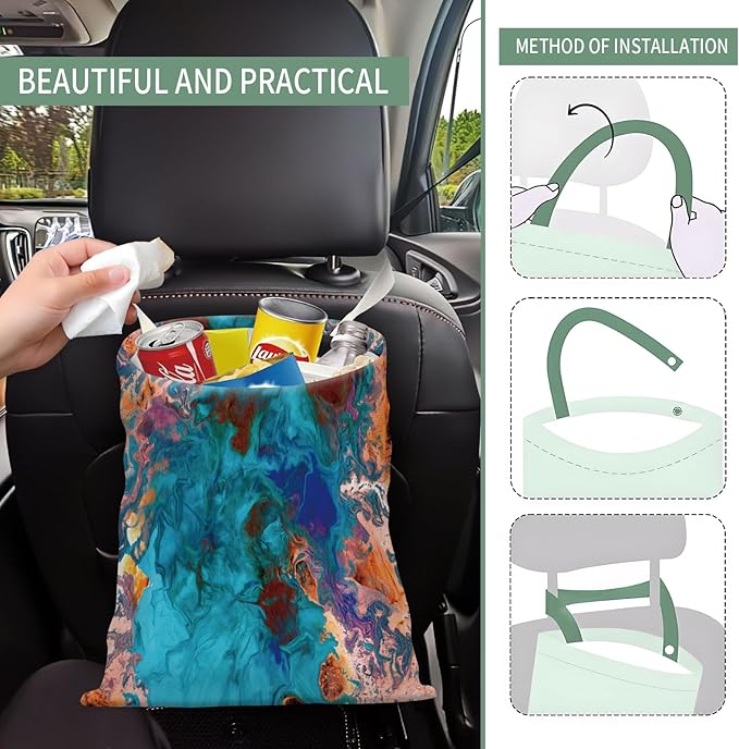 Cute Car Trash Can, Hanging Canvas Car Back Seat Organizer and Storage Bag, Funny Car Trash Bag for Travelling, Outdoor Abstract Blue Orange Print