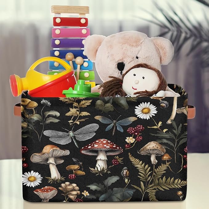Mushrooms Daisies Storage Baskets for Organizing, Fabric Collapsible Storage Bins Box Forest Plants Decorative Toy Organizer Baskets for Closet Shelves Gift Basket 2Pcs