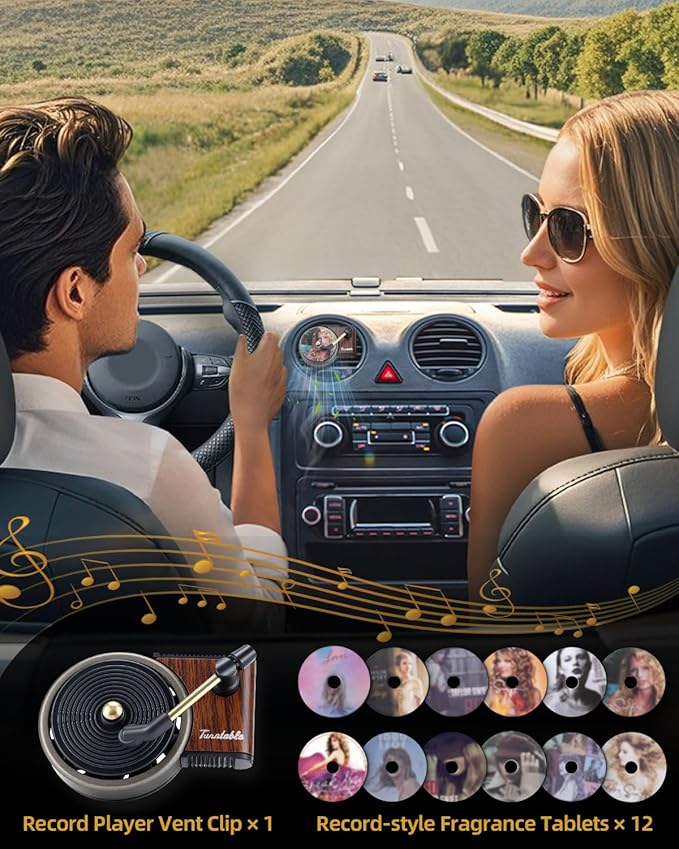 Record Player Car Air Freshener Vent Clip, 12PCS Vintage Album Style Refill Pads, Taylor Air Freshener Car Decor Accessories, Citrus Scent Air Fresheners for Car, Music Lovers Gifts