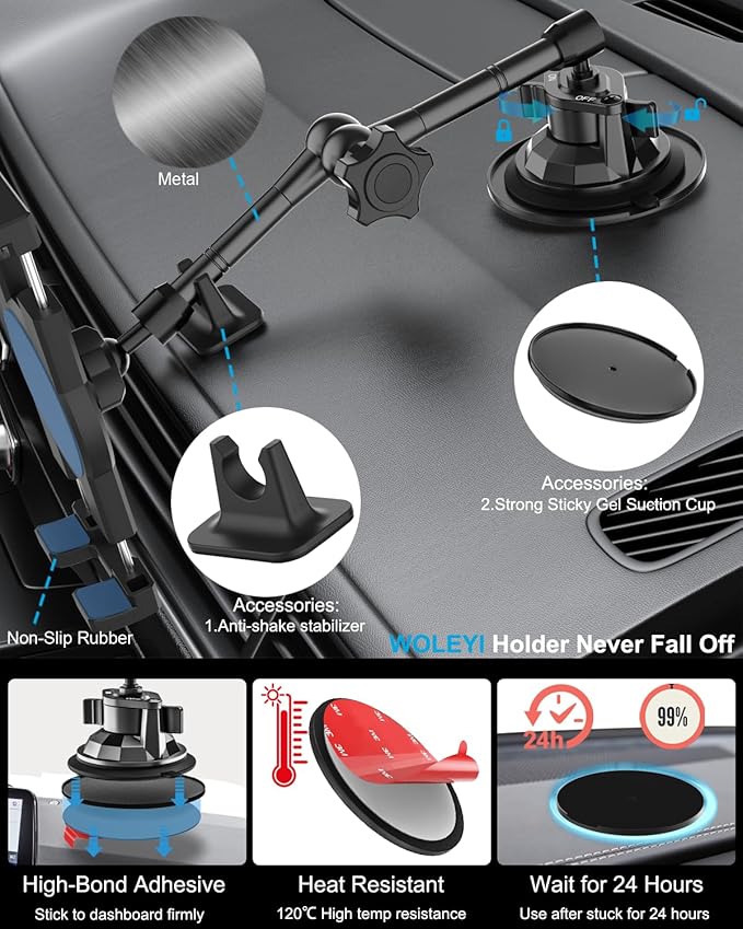 Metal Tablet Mount - Heavy Duty [Super Suction Cup] Dashboard Windshield for Car/Semi Truck/Pickup/Van/SUV/Commercial Vehicle - 4.7-13" iPad Pro Air Mini, iPhone, Galaxy