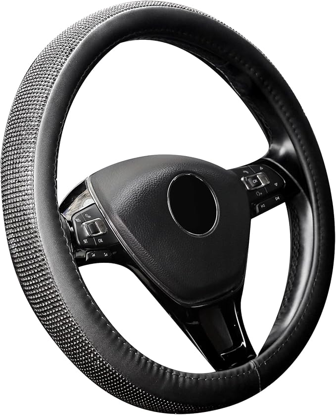 New Diamond Leather Steering Wheel Cover with Bling Bling Crystal Rhinestones, Universal Fit 15 Inch Car Wheel Protector for Women Girls,Black Diamond