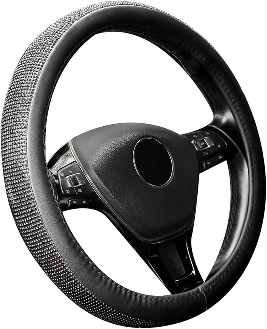 New Diamond Leather Steering Wheel Cover with Bling Bling Crystal Rhinestones, Universal Fit 15 Inch Car Wheel Protector for Women Girls,Black Diamond
