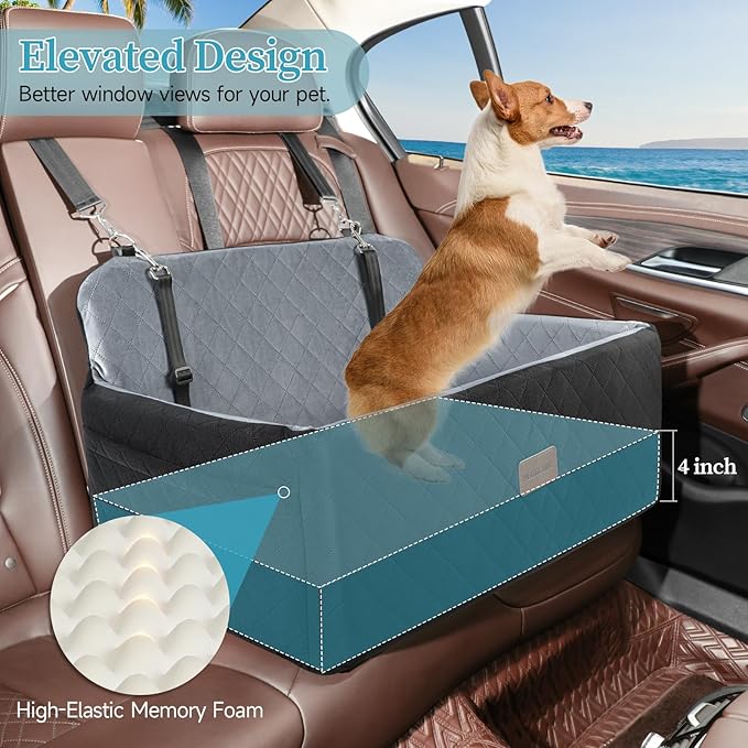 HEGGCOOE Dog Car Seat for Medium/Large Dogs, Pet Booster Seat for Under 55 lbs or 2 Small Dogs, Detachable & Washable Dog Car Bed for Backseat with 2 Safety Leashes (Black/Grey)