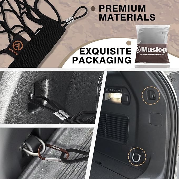 Muslogy Truck Bed Cargo Net Trunk Netting Compatible with 2020-2024 2025 2026 Ford Explorer Accessories, Pickup Cargo Organizer SUV Sedan Storage Net w/Heavy Duty Carabiners
