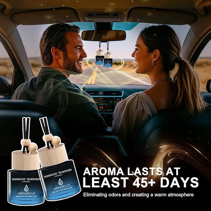 Car Air Freshener Hanging 2 Pack Car Air Fresheners Diffuser - Mahogany Teakwood Fragrance Oil Air Diffuser for Car, 45+ days Long Lasting Car Fresheners Fragrance, Two 0.27 FL OZ/8ML Made in USA
