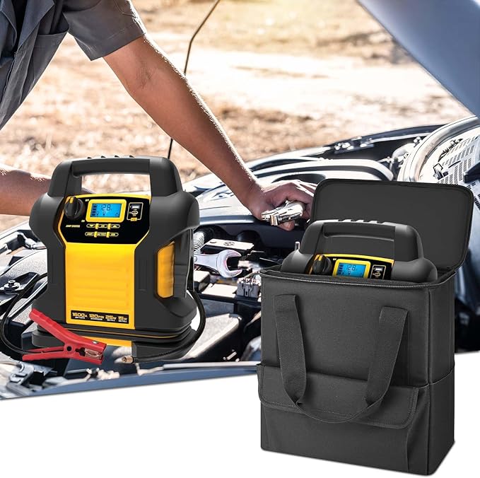 Car Jumper Starter Storage Bag Compatible with DEWALT DXAEJ14 & Power Inverter, Carrying Case Holder Container, Foldable Organizer with Pockets for Jump Starter, Air Pump（Box Only）