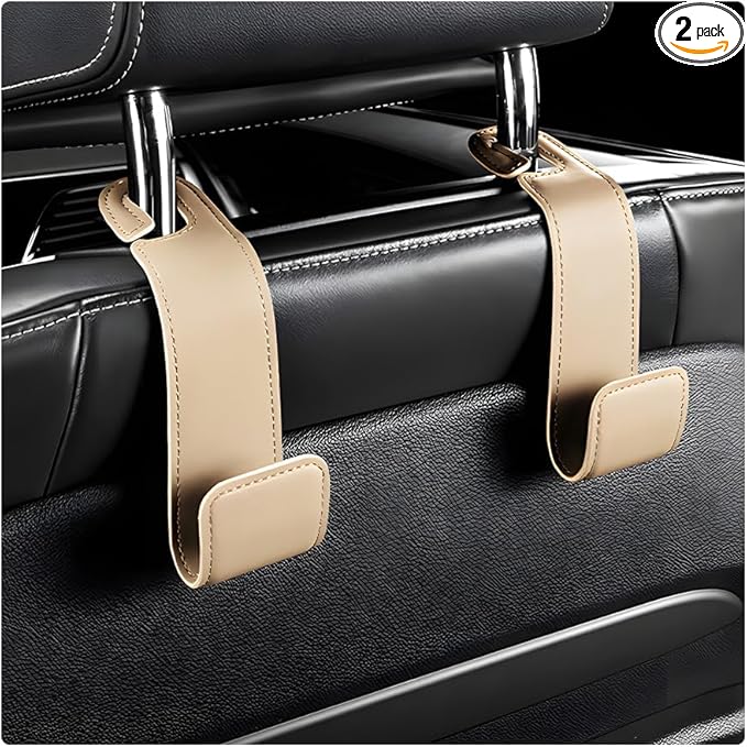 2 PCS Car Seat Headrest Hooks, Microfiber Leather Hanger Holder Hook for Hanging Purse and Bag, Universal Vehicle Back Seat Organizer Hook for Grocery Bag Handbag Coat (Beige)