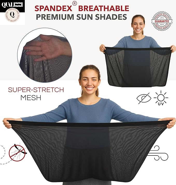 SM/RL Car Window Shades for Baby & Camping, 2-Pack. Blocks 97% UV Real-World Tested, Breathable Full-Coverage Mesh Bug Screens, Mom's Choice Award | Qualizzi®