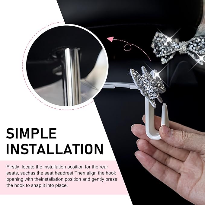 2 PCS Bling Car Seat Headrest Hooks, S Type Crystal Rhinestone Bow Vehicle Seat Back Storage Hooks for Purses Bags Groceries, Universal Diamond Car Rear Seat Organizer (Pink)