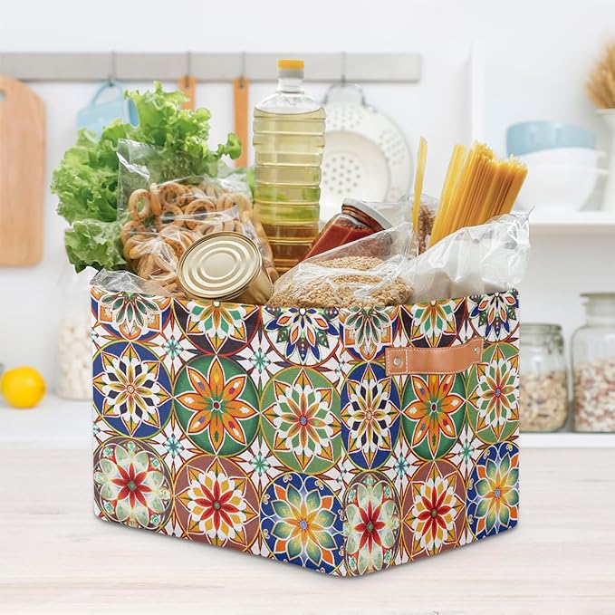 Mandala Flowers Storage Baskets for Organizing, Fabric Collapsible Storage Bins Box Ethnic Boho Decorative Toy Organizer Baskets for Closet Shelves Gift Basket 2Pcs