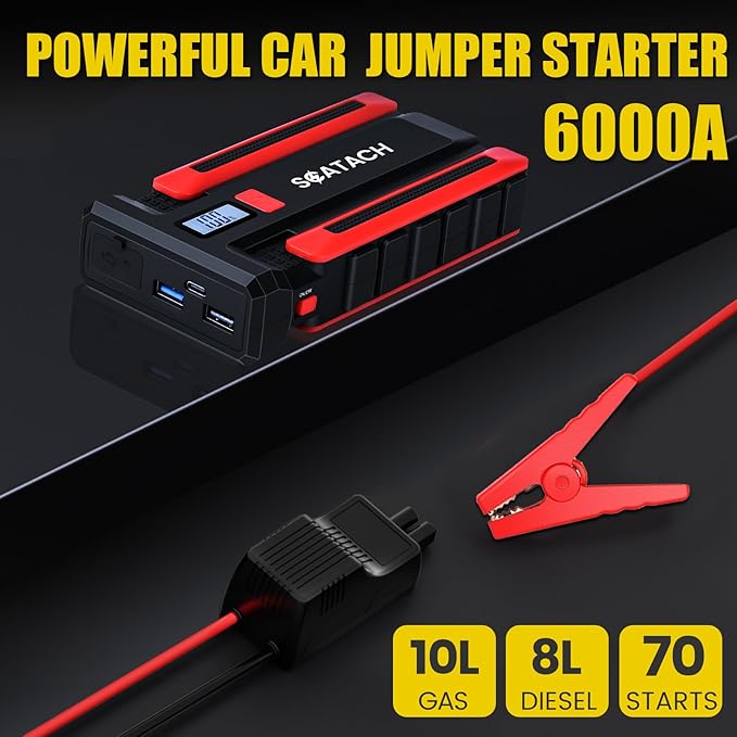 Scatach 6000A Car Battery Jump Starter,12V Car Jumper Starter Battery Pack Portable (up to 10.0L Gasoline and 8.0L Diesel Engine), Jump Box with LED Display, Flashlight and Jumper Cables
