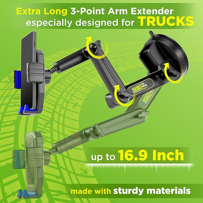 Cell Phone Mount for Truck Phone Holder for Truck Drivers - Heavy Duty Suction Cup + Dashboard Pad, iPhone Holder for Dashboard Window 16.9 inch Long, for iPhone & Samsung, Commercial Trucker, Blue