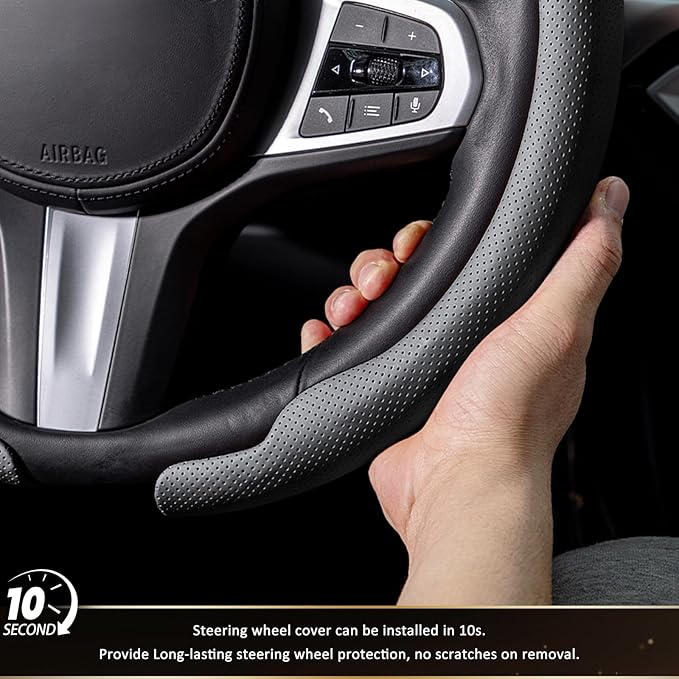 Aimato Nappa Leather Steering Wheel Cover, Ultra-Thin Car Steering Wheel Cover,Comfortable & Breathable Microfiber,Universal Fit for Most Cars, Black