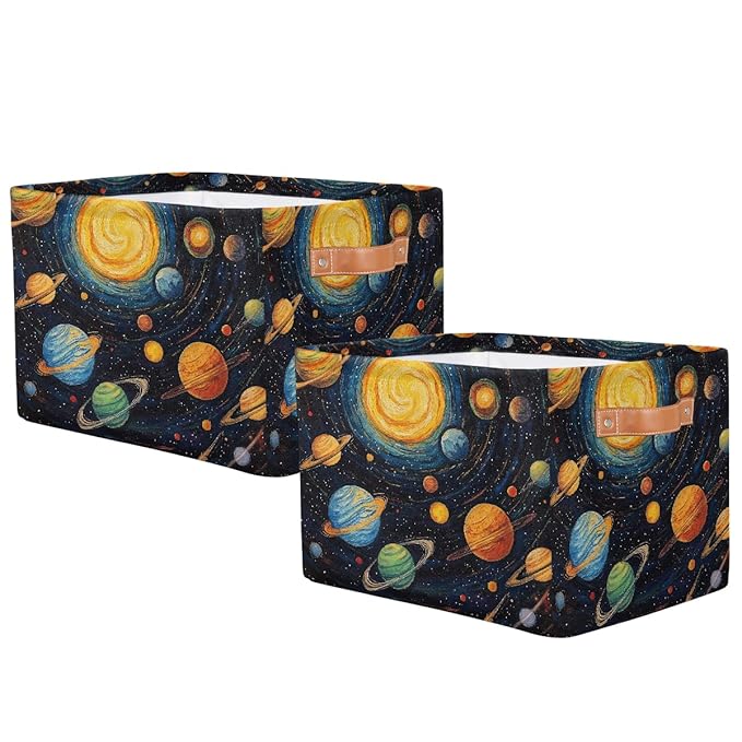 Solar System Storage Baskets for Organizing, Fabric Collapsible Storage Bins Box Space Planets Decorative Toy Organizer Baskets for Closet Shelves Gift Basket 2Pcs