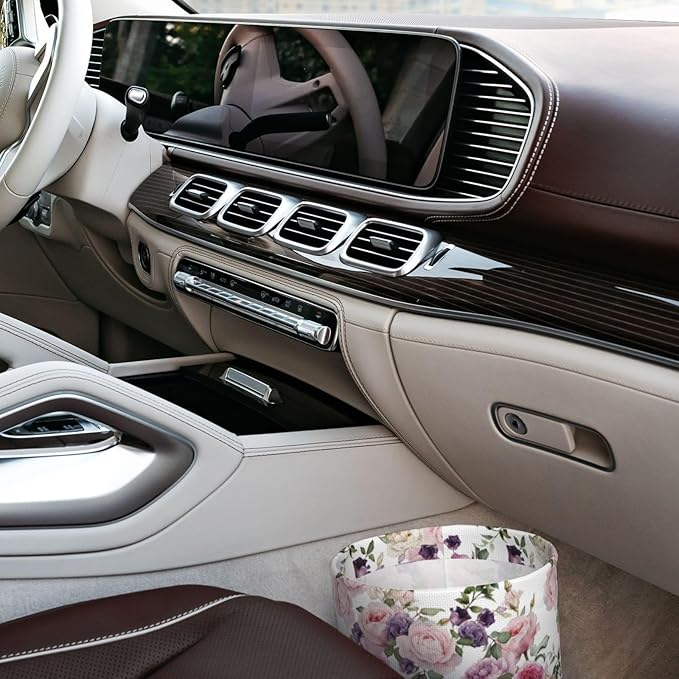 Car Trash Can Rose Pattern Multipurpose Collapsible Leakproof Trash Bin Car Accessories for Car Automotive Truck SUV