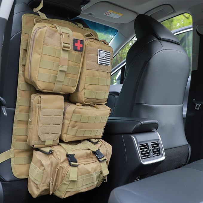 Jimikay Tactical Car Seat Back Organizer Hanger Bag with 5 Detachable Molle Pouch Vehicle Molle Panel Organizer Storage Bag Universal for for most car models (Khaki)