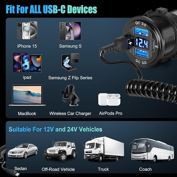12V USB C Outlet 78W 4 Ports Aluminum Car Charger Socket, Dual PD 30W and Dual QC 18W Car USB Port 12V Charger with Voltmeter and C to C Cable, Suitable for Boat Marine Bus Truck Golf RV Motorcycle