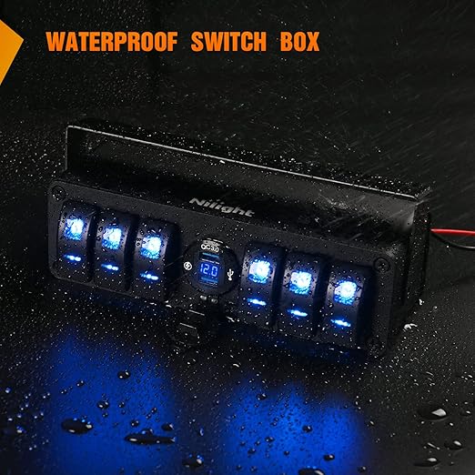 Nilight 6 Gang Rocker Switch Box 12V SPST ON Off Switch QC 3.0 USB Charger Voltmeter Waterproof Aluminum Rocker Switch Panel Night Glow Stickers for Boats Cars RVs Trucks, 2 Years Warranty,Blue