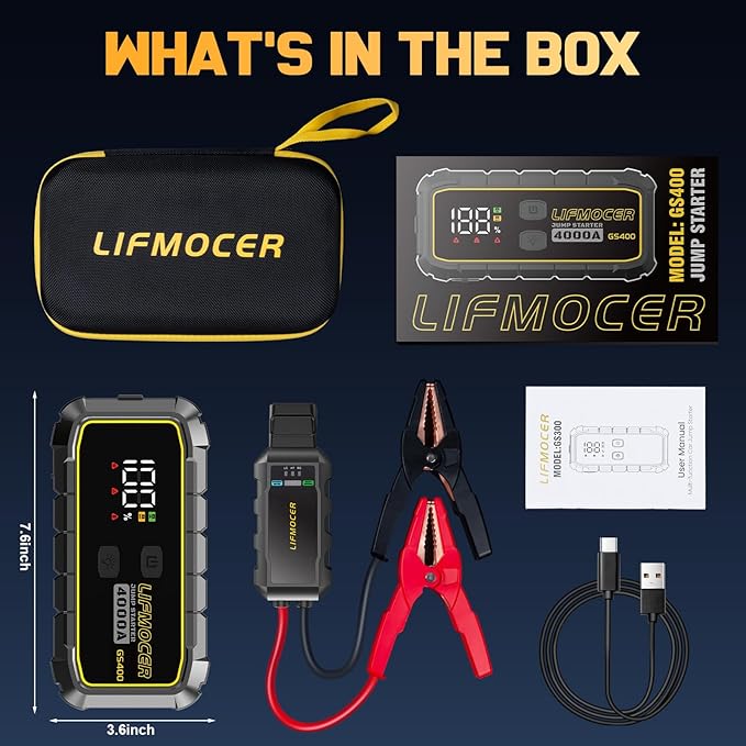 LIFMOCER GS400 Jump Starter - 4000A Car Battery Jump Starter for Up to 12.0L Gas and 10.0L Diesel Engines, 12V Portable Jump Box with Storage Case USB Quick Charge, and LCD Display