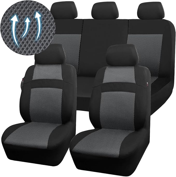 CAR PASS 3D Air Mesh Seat Cover Full Sets, Charcoal Car Seat Cover with 5mm Composite Sponge Inside,Airbag Compatible Universal Fit for SUV,Vans,sedans, Trucks, Automotive Interior Covers(Black Gray)