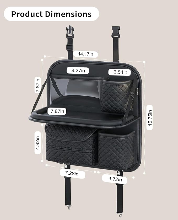 PU Leather Backseat Car Organizer with Tray, Cup Holder, Tablet Pocket & Tissue Holder, Back Seat Car Organizer for Kids and Women, Universal Car Seat Storage Organizer (Black)