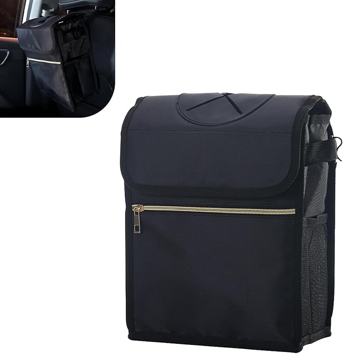 Car Trash Can with Lid, Hanging Garbage Can with Storage Pockets, 9.84 x 5.91x 9.84" Multipurpose Portable Trash Bin, Universal Car Essentials for SUV Truck (Black)