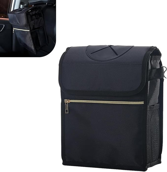 Car Trash Can with Lid, Hanging Garbage Can with Storage Pockets, 9.84 x 5.91x 9.84" Multipurpose Portable Trash Bin, Universal Car Essentials for SUV Truck (Black)