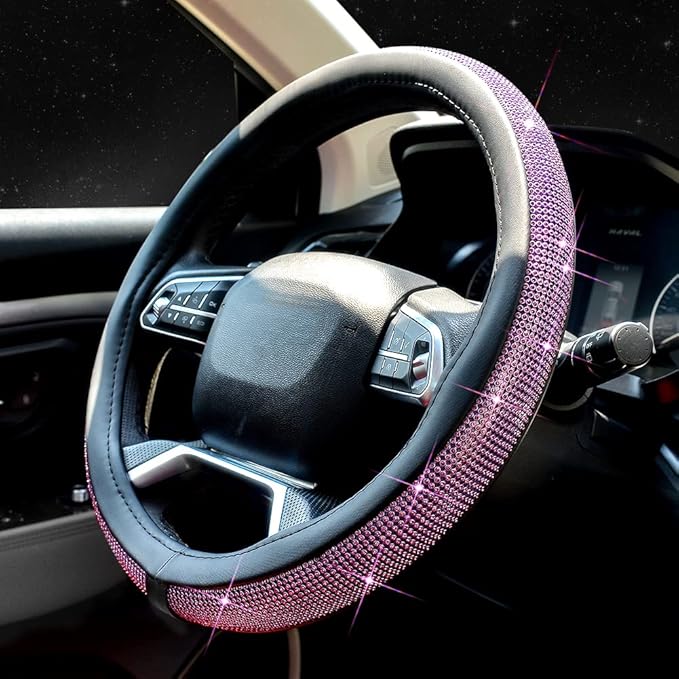 ChuLian New Diamond Leather Steering Wheel Cover with Bling Bling Crystal Rhinestones, Universal Fit 15 Inch Car Wheel Protector for Women Girls Purple Diamond
