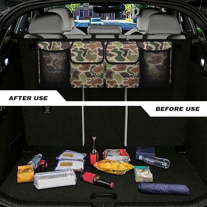 Duck Hunter Camo Hanging Car Organizer Large Capacity Backseat Hanging Storage Accessories Collapsible Cargo Storage Bag with 4 Pockets Universal Fit for Cars SUV Sedans