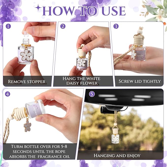 Siifert 2 Sets Hanging Car Air Freshener and Essential Oil Diffuser, Car Air Freshener Daisy Essential Oil Diffuser Long Lasting Automobile Aromatherapy(White,Lavender)