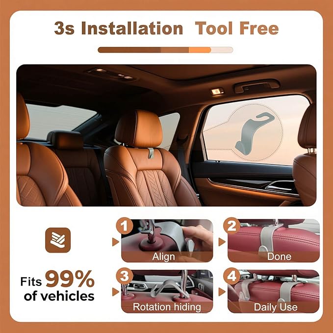 Car Seat Hooks & Purse Holder - 4 Pack Boxed,55 lb Heavy Duty,Eco PP Car Hooks for Purse/Bag/Baby Gear/Gym Bag/Groceries/Cup/,Fits 0.32-0.55”Car Headrest Rods (Grey-2)