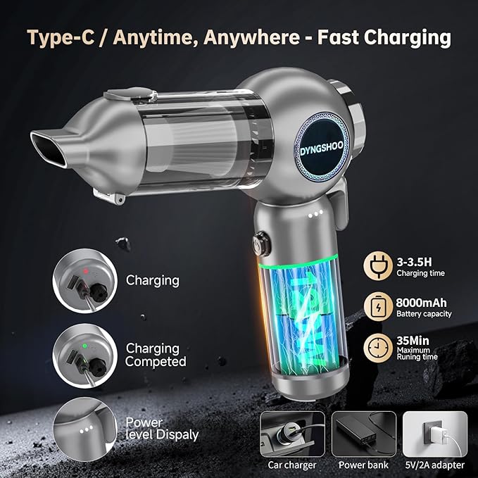 Handheld Car Vacuum Portable Cordless（Equipped with a one-touch window breaker and seatbelt cutter)25000Pa High-Power Suction Hand held Vacuum Cleaner & Air Duster for Car Cleaning (（silver gray）)