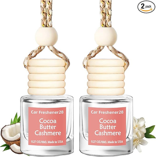 Hanging Car Air Freshener, Long Lasting Essential Oil Diffuser, Non-Toxic Cocoa Butter Cashmere Scent, Cute Car Fresheners for Women, 2 Pack Made in USA