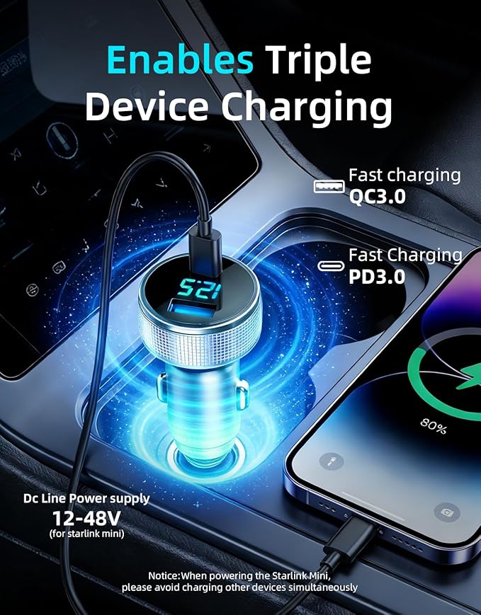 starlink mini car Adapter, 3 in 1 Starlink Mini Car Adapter DC Power Cable and Cigarette Lighter Adapter 12V-48V with Voltage Display, Durable USB-C PD 45W and USB-A 35W Ports，Suitable for Cars（10FT）
