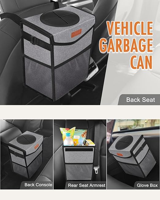 Car Trash Can with Lid, Cute Leakproof Car Trash Garbage Bag Hanging Vehicle Trash Bin Small Portable Automotive Garbage Cans Organizer for Back/Front Seat/Console(2.8 Gallons,Grey)