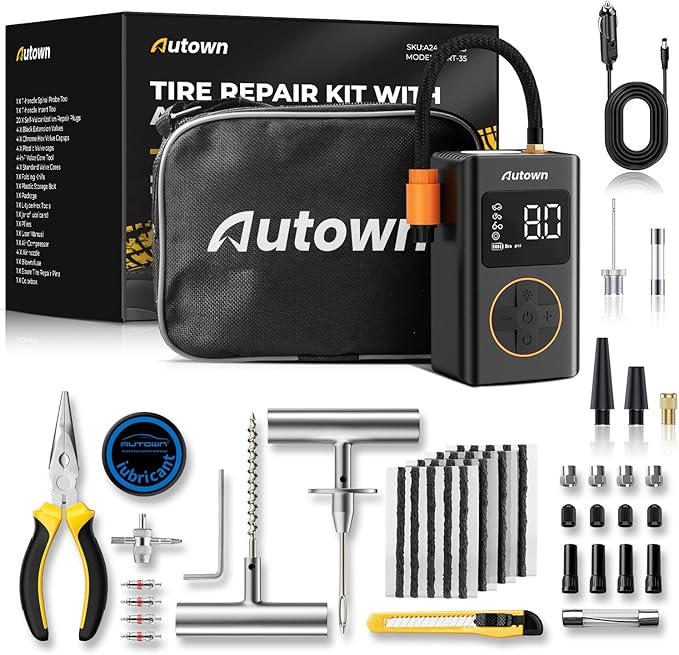 AUTOWN Flat Tire Repair Kit with Air Compressor 54 Pieces for Car, Motorcycle, ATV, Jeep, Truck, Tractor Flat Tire Repair (54PCS)