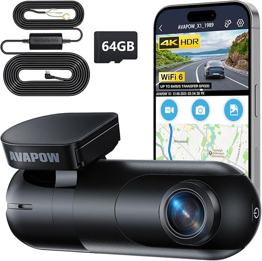 AVAPOW 4K Dash Cam Front for Cars, Free Hardwire Kit & 64GB Sd Card Included – WiFi 6, App Control, UHD 2160P, Built-in G-Sensor, Loop Recording, Night Vision, 170° Wide Angle, 24H Parking, WDR
