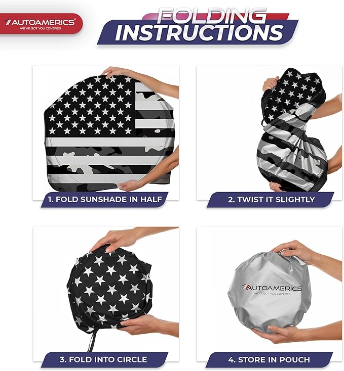 Autoamerics Truck Windshield Sun Shade with Storage Pouch & Anti-Slip Dash Pad - Foldable B&W Camo USA Flag Design - Fits Most SUVs & Trucks - Blocks UV Rays and Keeps Car Cool | XL (66 x 36 inches)