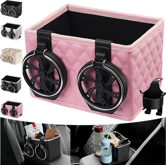 Car Armrest Storage Box with 2 Cup Holders - 2024 New Between Car Seat Organizer with Cup Holder, Universal Car Arm Rest Storage Box Organizer (Pink)