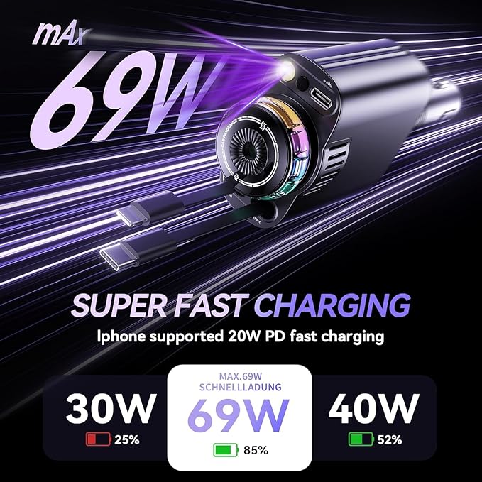 Retractable Car Charger with Starlight and Aromatherapy, 5 in 1 USB C Car Charger Adapter, 69W Fast Charging Cars Phone Chargers, Cars Air Freshener Compatible with iPhone 17 16 15 14 13 and Android