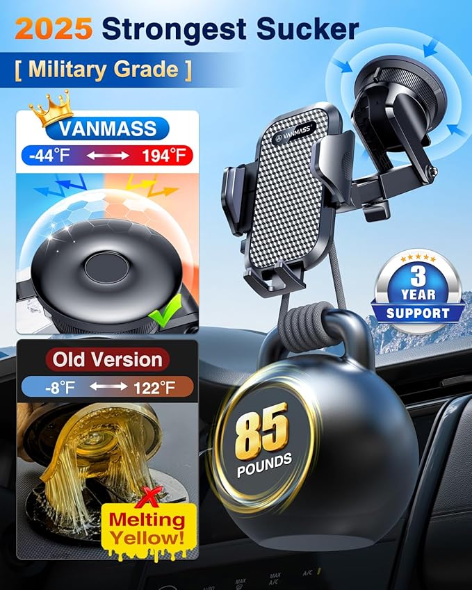 VANMASS [Pro Version] Universal Car Phone Mount [2026 Super Suction Cup] Phone Holder for Car, Cell Phone Car Mount for Windshield Dash Vent Truck Stand for iPhone 17 Pro Max 16 15 14 Samsung Android