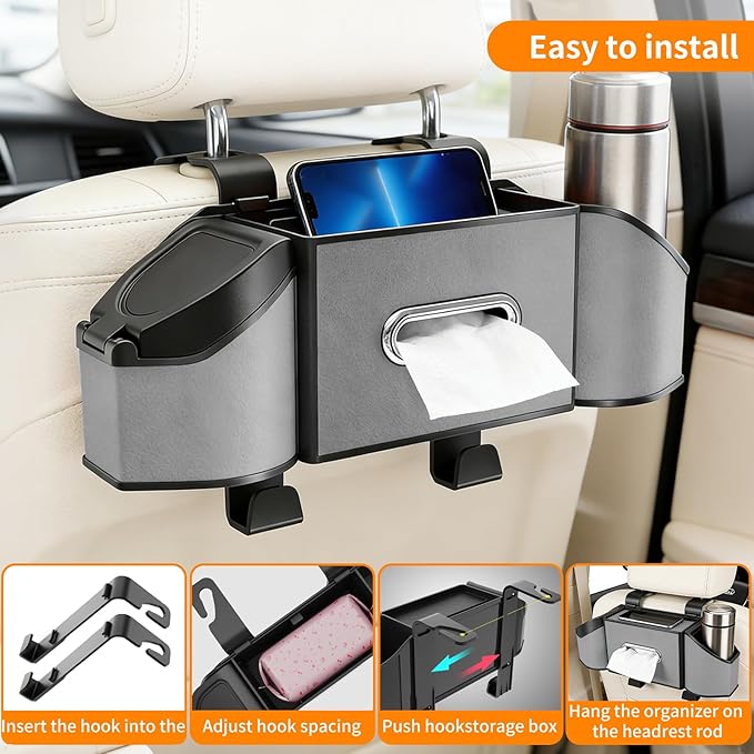 7-in-1 Multifunctional Car Seat Back Organizer, Car Back Seat Storage Box Trash Can & Cup Holder with Tissue Box, Hooks, Universal Fit for Most Cars, SUVs, Trucks (Grey)
