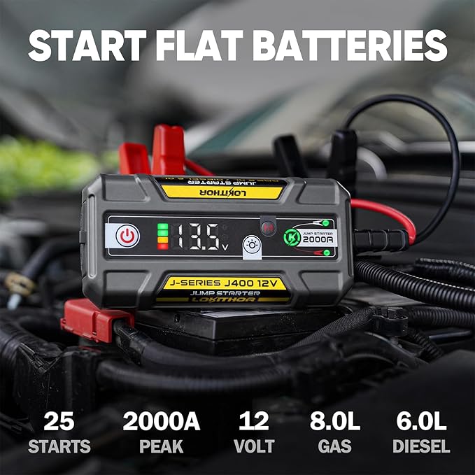 LOKITHOR J400 2000A Jump Starter with ConnectMax Tech,12V Battery Portable Jumper Cable, Lithium Jump Box and Jump Pack for Up to 8.0L Gas and 6.0L Diesel Engines, Power Bank & Smart Digital Screen