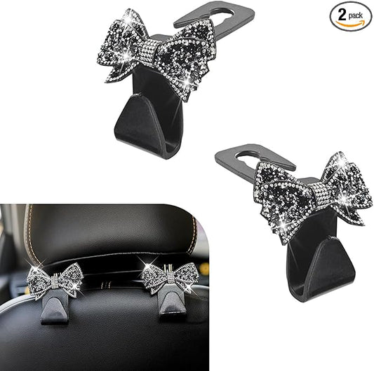 2 PCS Bling Bow Car Seat Headrest Hooks, S Type Crystal Seat Back Hangers, Universal Vehicle Storage Organizer for Handbag, Purse, Coat, Grocery Bags (Black)