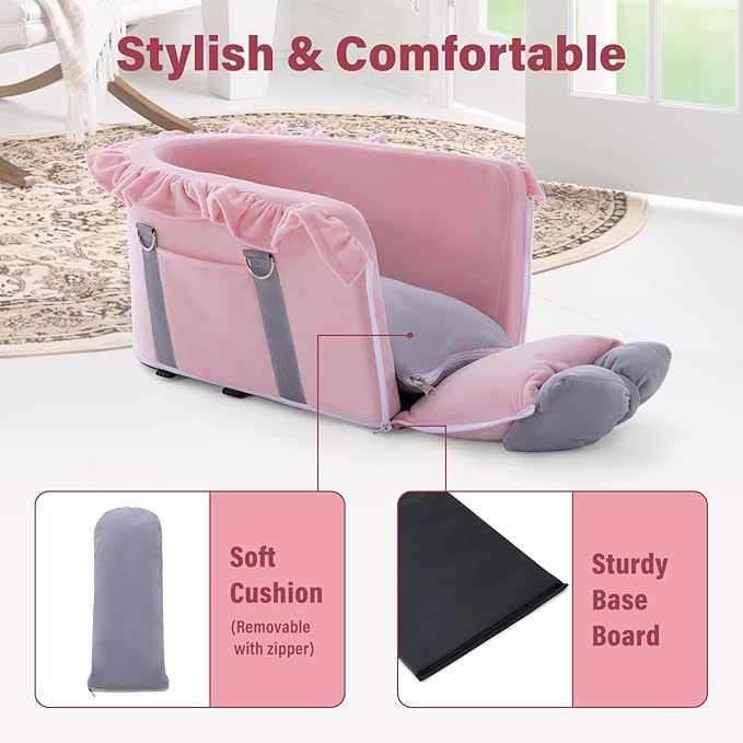 Jaoul Dog Car Seat for Small Dogs - Fully Detachable with Adjustable Straps Center Console Dog Car Seat - Comfortable Bow Design Pet Seats - Portable Pet Booster for Puppy, Cat (Pink Gray)