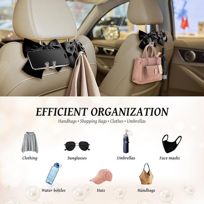 2 PCS Bow Pearl Car Seat Headrest Hook – Cute Purse Hook for Car, Girly Interior Decoration Accessories Hook Hanger, Seatback Holder for Purses & Bags, Elegant Car Organizer (Black)