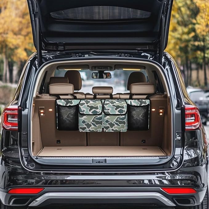 Fish Camo Car Backseat Organizer Waterproof Foldable Cars Interior Organizing Accessories Backseat Hanging Organizer with 4 Storage Bag for Cars Sedans and SUVs