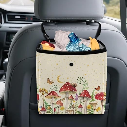 Mushroom Car Trash Can Leak Proof Auto Trash Bag Hanging Butterfly Moon Starry Night Vehicle Garbage Can Multipurpose Storage Container for Back Seat Car Accessories