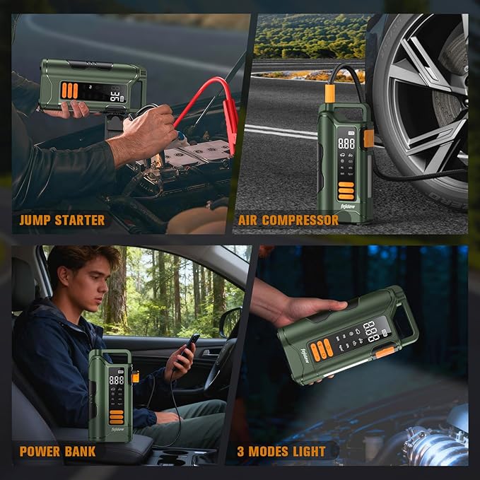 Jump Starter with Air Compressor,5000A Car Battery Jumper Starter, 16000mAh Battery Jumper Starter Portable for 10L Gas/Diesel Engine with 160PSI Booster,LED Display & Light,Jumper Cables