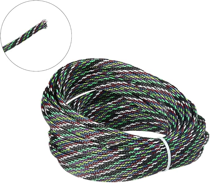 Aicosineg 32.81ft PET Flexible Braided Cable Sleeve 0.25inch Width Wire Loom Sleeving and Organizer Flexible Wire Mesh Sleeve Wrap Protector for TV Audio PC Cords from Pets Chewing Multicolor